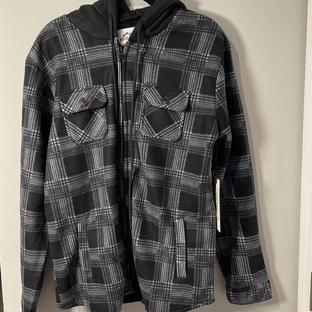 River Trail Mens Black & White Plaid Fleece Lined Hoodie Jacket - Med or L - NWT